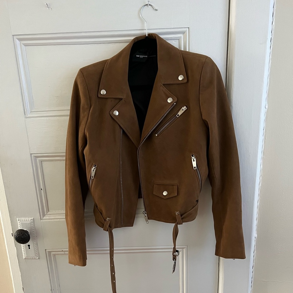 Brown suede leather motorcycle jacket from the Kooples